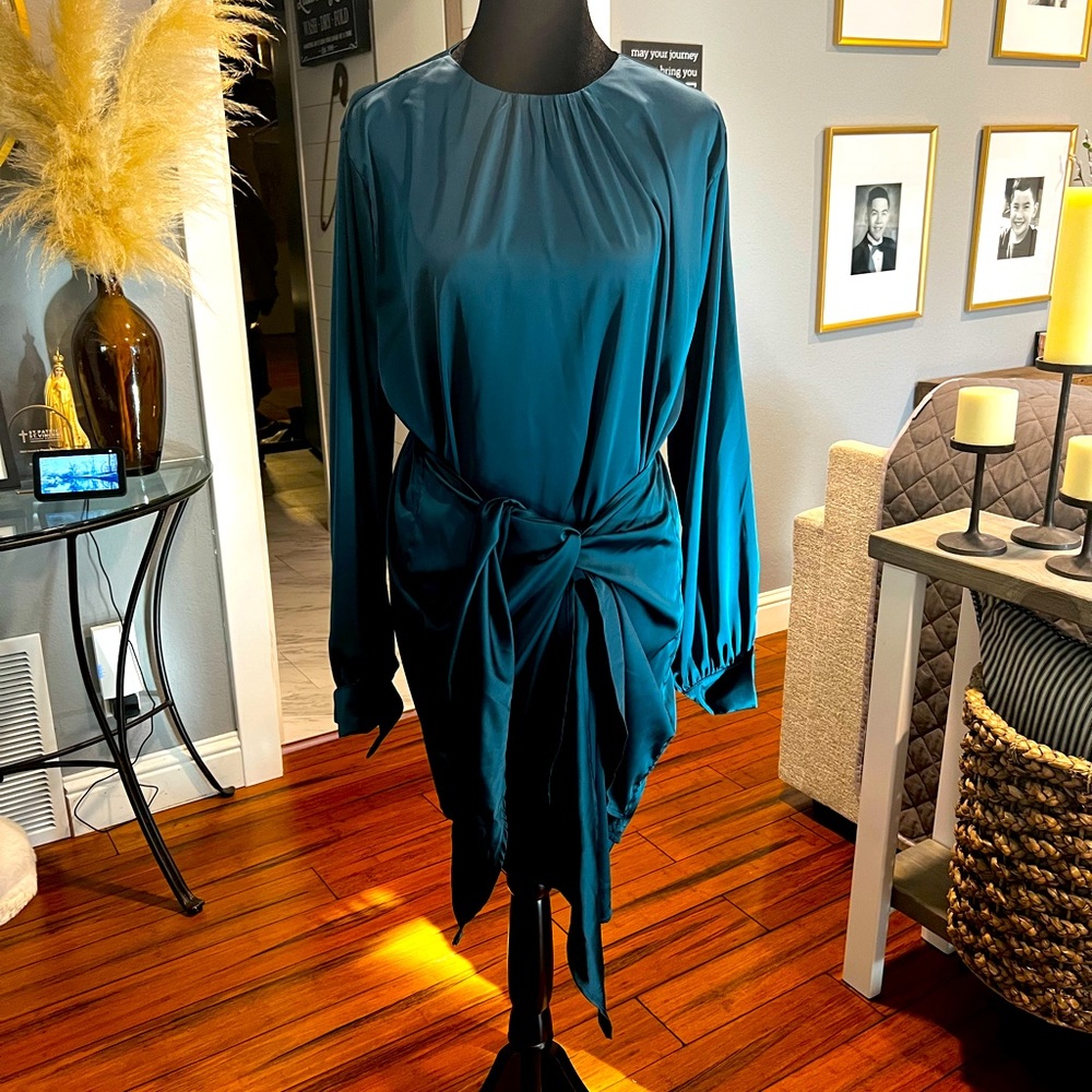 Teal satin wrap front elastic waist dress